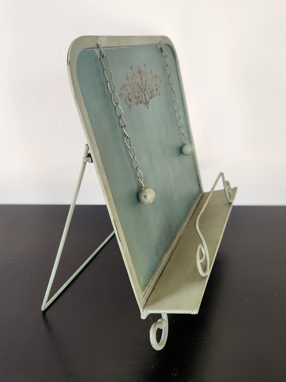 Cottagecore Shabby Chic Blue Decorative Cookbook Stand with Cream Scrollwork - Picture 2 of 5